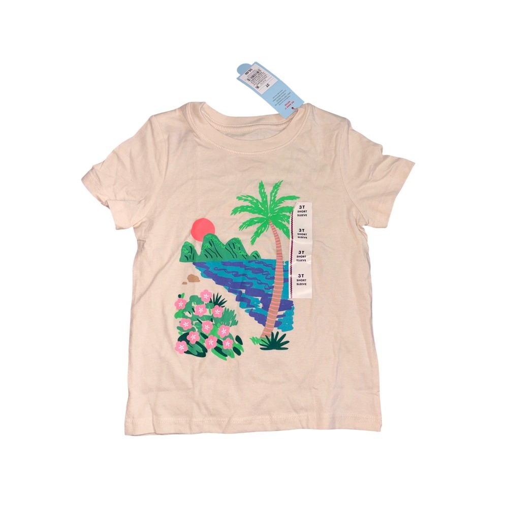 Cat & Jack Toddler 3T Tropical Beach Palm Tree Graphic T-Shirt Cream Short Sleev